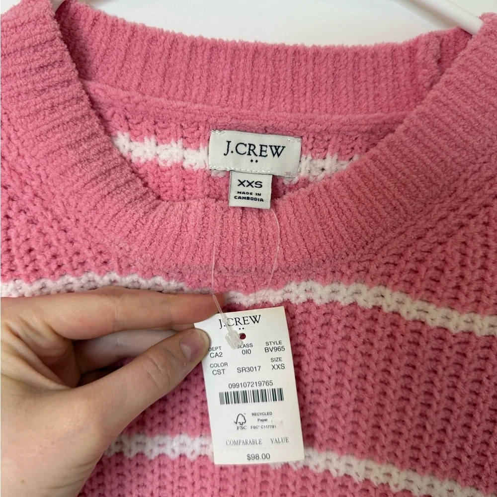 J. Crew Pink and White Striped Crew Neck Sweater